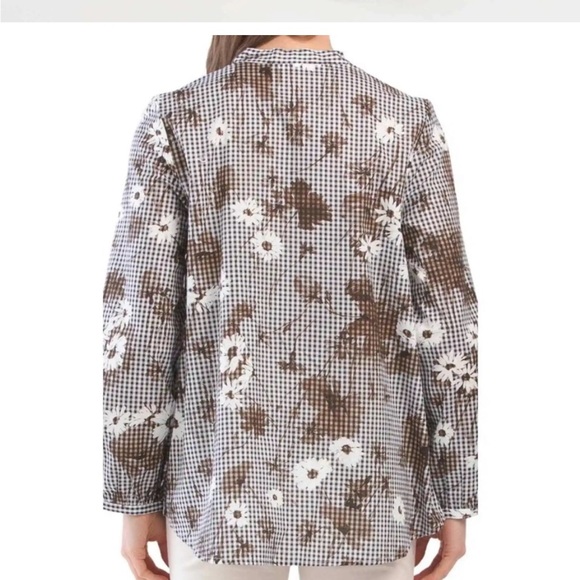 Pearl by Lela Rose Gingham floral voile tunic top tasseled long sleeve V-neck - Picture 3 of 13